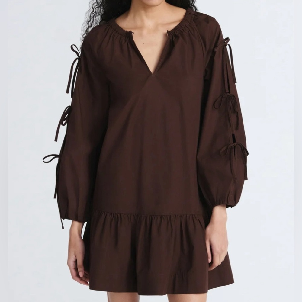 Ruffle Hem Cotton Mini Dress with Long Tie Sleeves Gently used Office Party date